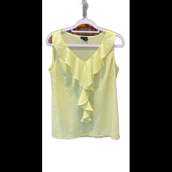 New Directions Blouse Size Medium Sleeveless Sheer Ruffle Front V Neck Yellow - Picture 1 of 10
